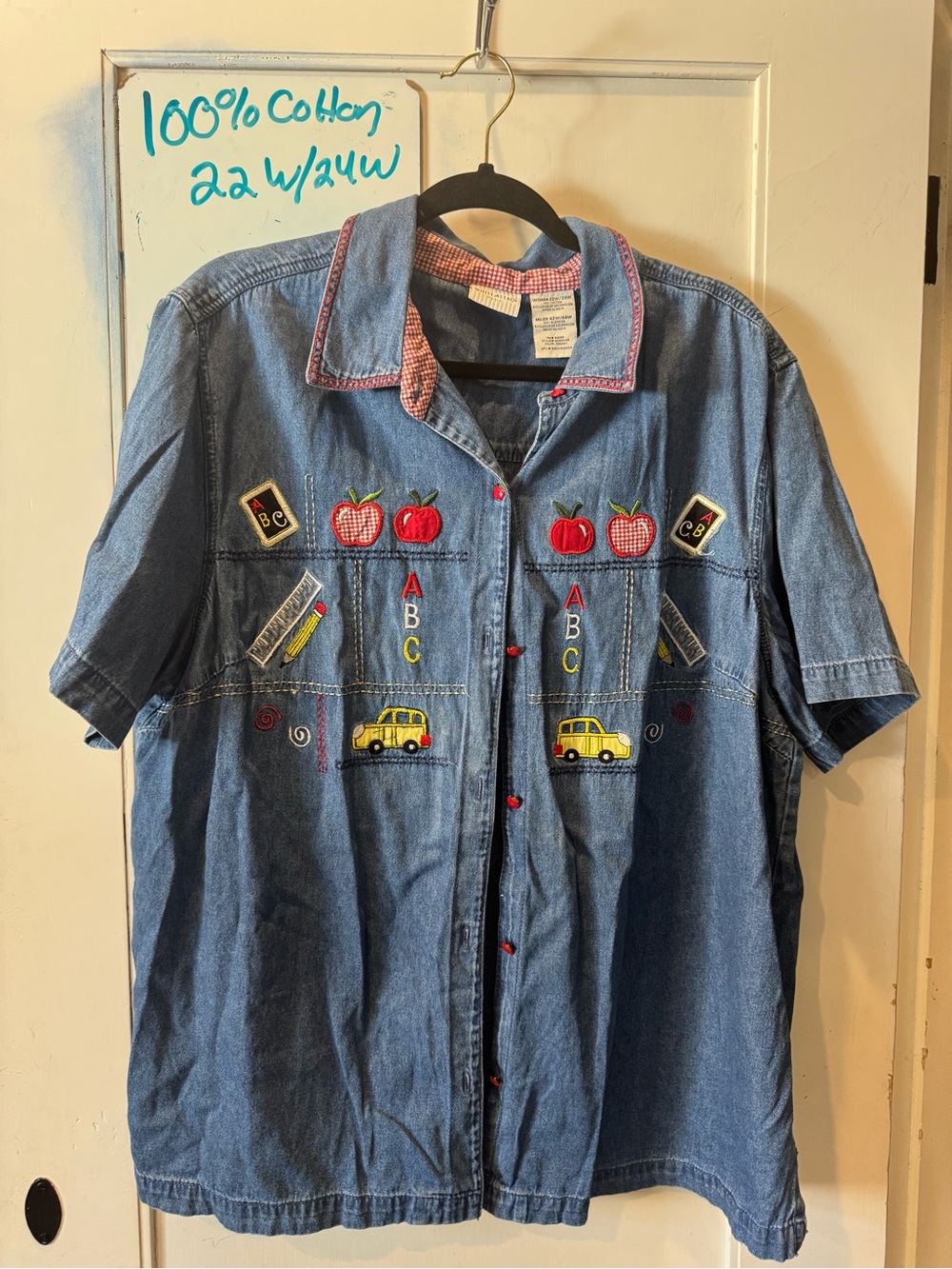 Vintage 100% Cotton Teacher Embroidered Denim Shirt with Apples & School Motifs